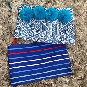 Blue Patterned Pom-Pom Clutch & Striped Pouch Set